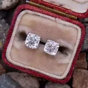 3CT Cushion Cut Solitaire Lab Created Diamond Stud Earrings 14k White Gold Over - Picture 1 of 4