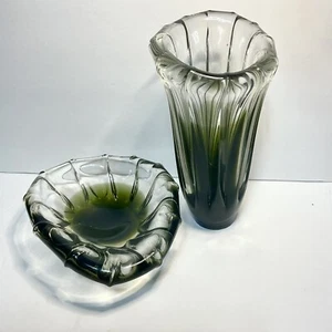Vintage Art Glass Vase & Dish Optic Swirl Czech? Japan? 2 Pc Set - Picture 1 of 15