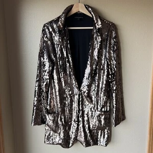 Boston Proper Sequin Jacket Blazer Lined Gold Bronze Size M Mob Wives New Years - Picture 1 of 12
