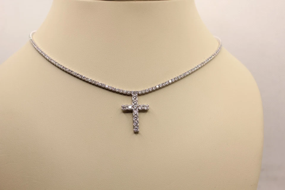 COLLANA TENNIS CROCE MM 2 MM 2,5 CM 40-45 ARGENTO RODIATO ZIRCONI BIANCHI EXPOIT - Immagine 1 di 4