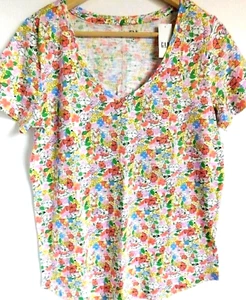 Gap Women T-Shirt White Multicolor Size XS S M Cotton Easy V-Neck Floral New - Picture 1 of 4