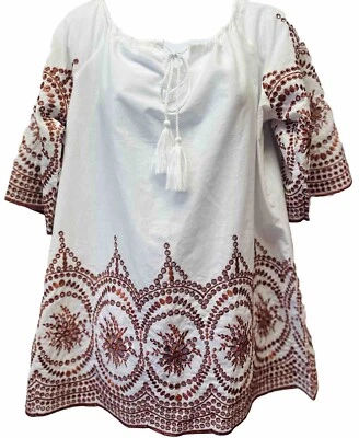 Blusa Top Studio West Mujer M Bordada Borlas Boho Campesina Nueva Foto 1 de 4
