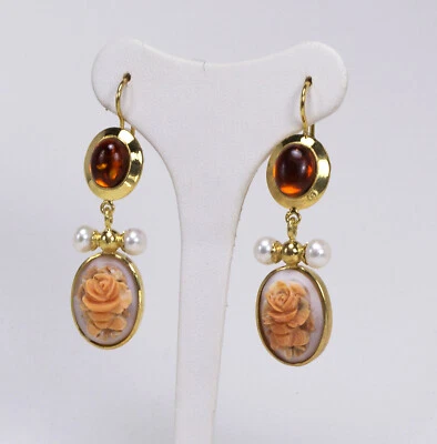 ORECCHINI IN ARGENTO DORATO CON PERLE, CAMMEO ROSE E AMBRA  - AGHT 0693 - Immagine 1 di 2