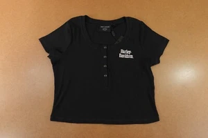 Harley Davidson Womens Large Black Rib Knit Short Sleeve Henley Crop Tee NWT - Picture 1 of 11