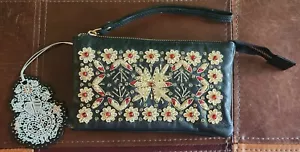 Rapsodia Black Leather Beautiful Beaded Clutch Size Medium NwT - Picture 1 of 20