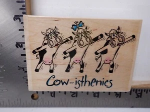 EMBOSSING ARTS 59-J COW-ISTHENICS COWS EXERCISING WOOD RUBBER STAMP EUC L5121 - Picture 1 of 2