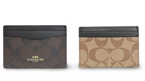 Nuovo Coach Skinny Card Case Firmato Tela 2 Toni Cachi e Mogano Marrone Portafoglio