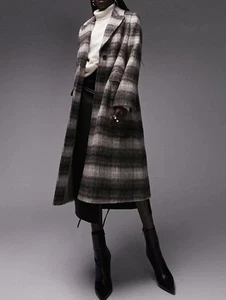 Topshop oversized brushed loose check coat in brown Size 2 - Picture 1 of 7