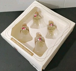 Box of Krebs Bell Shaped Glass Ornaments w/ Applique Roses & Gold Glitter - Picture 1 of 5