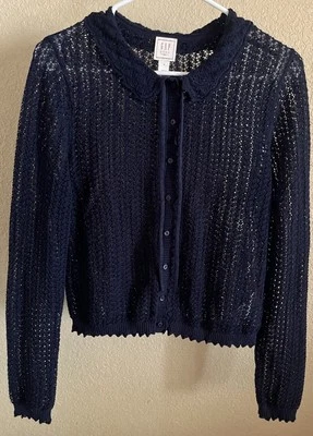 GAPxDOEN Navy Linen Blend Crochet Bow Cottage Prairie Cardigan Sweater W’s Med - Image 1 of 4