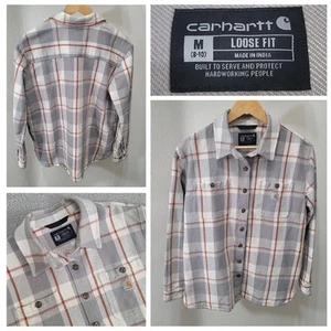 Carhartt Flannel Shacket Women's Medium Loose Fit Gray White Plaid Button Close - Picture 1 of 21