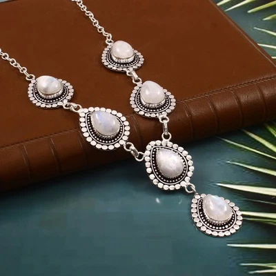 Collar hecho a mano de plata esterlina 925 con piedras preciosas de luna arco iris natural joyería Foto 1 de 3