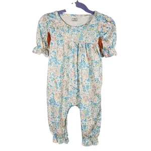 Vintage Kids Floral Jumpsuit Romper Ruffle Sleeve Smocked Waist 3T - Picture 1 of 4