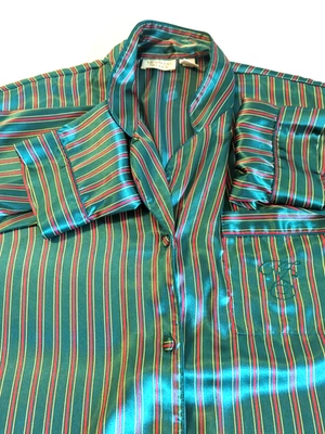 Victoria Secret Gold Label Satin Night Shirt Pajama Top M Stripe Peppy Classic - Image 1 of 4