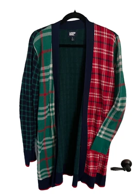 NWOT Lands End Sweater Women Lrg Red Green Plaid Open Cardigan Pockets Christmas - Image 1 of 3