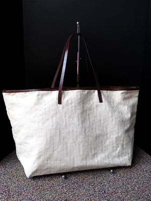FENDI AUTH White FF Canvas Leather Trim Medium Tote Bag ITALY - Image 1 of 4