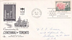 CANADA 1967 FDC WITH CACHET, CENTENNIAL OF TORONTO IN 1967 & CITIZENS OF 1867 - Picture 1 of 1