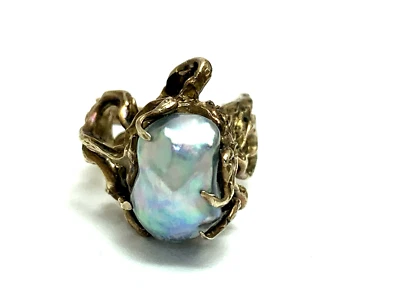 Anillo de cóctel de perlas barrocas con motivo de corteza de oro de 14 k joyería patrimonial para mujer talla 5 Foto 1 de 4