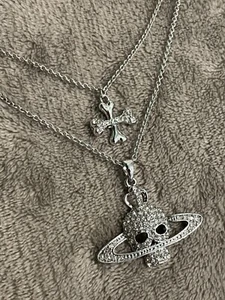 Vivienne Westwood Skull Saturn Orb & Cross Stone Double Chain Silver Necklace - Picture 1 of 3