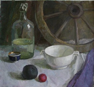 Ukrainian Oil Painting rural Still-life realism wheel bottle  - Picture 1 of 6