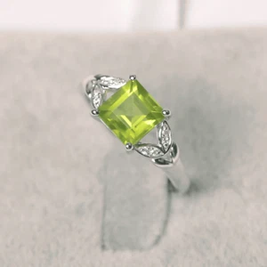 Peridot Solitaire Ring Natural Gemstone Princess Cut Sterling Silver Women Ring - Picture 1 of 4