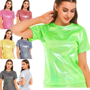 Women Shiny Sequin Shirt Top Shimmer Glitter Short Sleeve T-Shirts Tunic Blouse - Picture 1 of 86