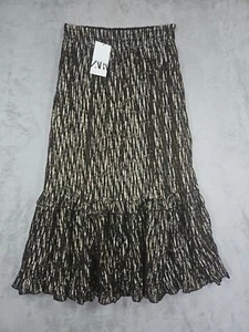 Zara Skirt Women Long Flare Pleat Elastic Back Waist Black Gold Sparkle Sz M NWT - Picture 1 of 12