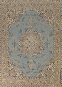 Blue Floral Medallion Tebriz Area Rug 10x13 Over-Dyed Hand-made Room Size Carpet