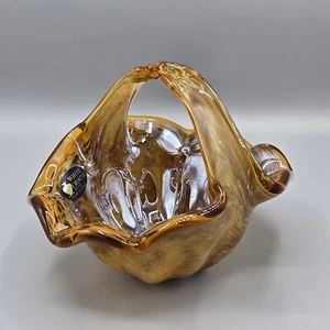 Murano Art Glass Basket Bowl Tortoise Shell Amber Handblown White Crystal Italy - Picture 1 of 17