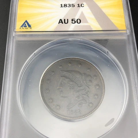 1835 1c Coronet Head Large Cent - ANACS AU50 Cover