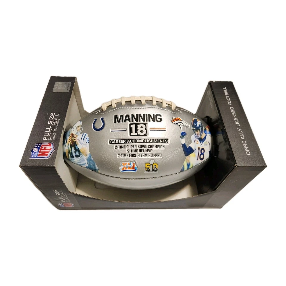 Peyton Manning NFL Records Colts & Broncos Official Size Football W/ Display Tee - Image 1 of 3