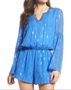 New Lilly Pulitzer Ariele Silk V Neck Romper Shorts 1pc Blue Gold S NEW No Tags - Picture 1 of 3