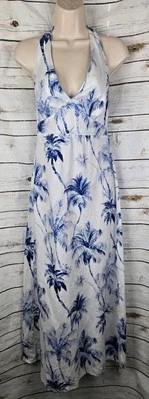 Tommy Bahama Blue Floral Art of Palms Midi Dress XS 100% Linen Halter Womens - Image 1 of 4