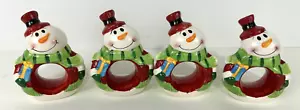 Set of 4 Ceramic Holiday Snowman Napkin Rings Red Green Christmas Snow Winter - Picture 1 of 10