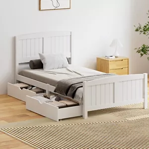 Oikiture Wooden Bed Frame King Single Base with Trundle Storage Drawers White - Picture 1 of 8