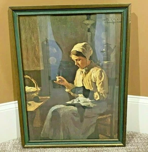 Otto Kriens Abendaufgabe niederländischer Kolonialstil Druck Frau Nähen signiert 26 x 20 - Bild 1 von 7