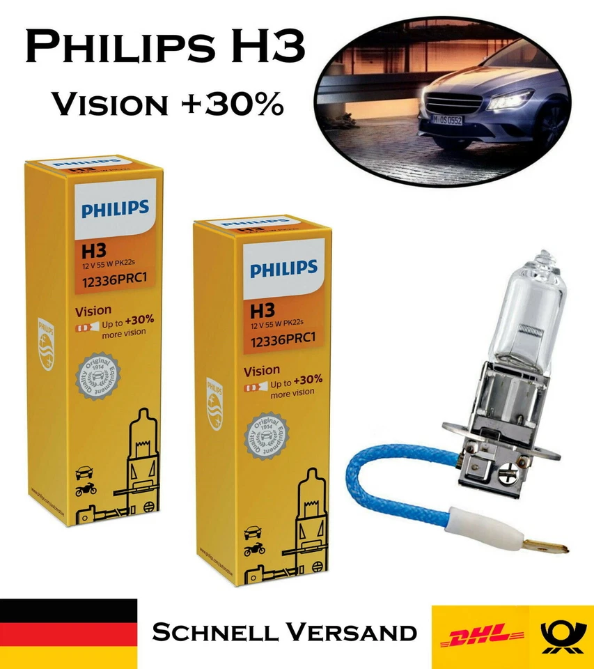 2x Philips H3 Vision +30% 55W 12V 12336PRC1 Scheinwerfer Ersatz Halogen Birne - Bild 1 von 4