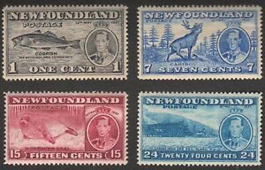 Newfoundland #233-35-39-41, "Codfish-Caribou-Harp Seal-Iron Ore", 1937 - MLH