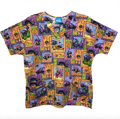 HQ Scrubs Small Halloween Pumpkin Black Cat Spider Candy Corn Nurse Vet Tech - Image 1 of 4