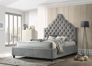 Modern Queen Size Platform Bed Frame, Velvet Tufted Upholstered Bed w/ HB, Gray - Picture 1 of 4