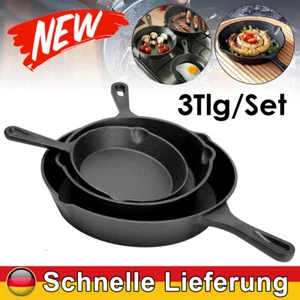 3tlg Gusseisen Bratpfanne Grillpfanne Steakpfanne Antihaft Induktion Pfannenset - Bild 1 von 17