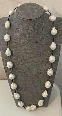 CEVJ 925 Sterling Silver Black Spinel and White Baroque Pearl Necklace 28" - Image 1 of 4