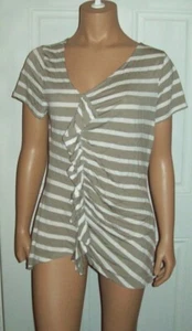 Size XL No label gray & white striped w/ ruffle down front short sleeve Top - Picture 1 of 3