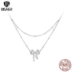 Bisaer Real 925 Silver Dazzling Bowknot Necklace Jewelry Elegant For Women Gifts - Picture 1 of 14