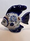 Vtg Mexican Pottery Fish Figurine. Nautical Folk Art Signed . Cobalt Blue Color