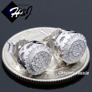 MEN SOLID 925 STERLING SILVER ICY BLING CZ 8MM ROUND 3D STUD EARRING*E150 - Picture 1 of 3