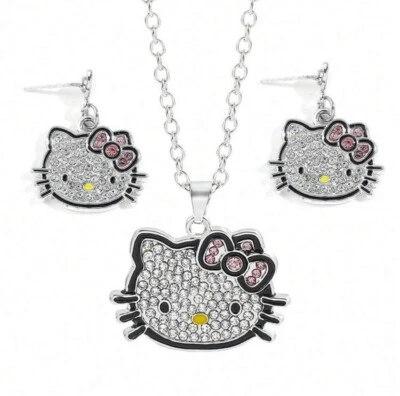 3-Piece Hello Kitty Rhinestone Bling Silver Necklace & Earrings Set- Pink Bows🎀 - Image 1 of 4