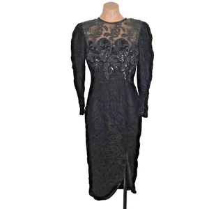 Vtg 80s PROM Casadei Black Velvet Dress Sequins Sheer Embroidered Illusion Goth - Picture 1 of 10