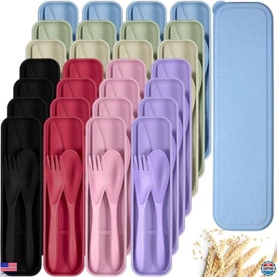 Yahenda 28-Piece Reusable Travel Utensils Set - Wheat Straw Cutlery with Case - Image 1 of 4