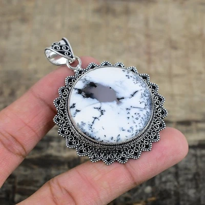 Dendrite Opale Gemma a Mano 925 Pendente Argento Sterling Gioielli Padre Regalo - Immagine 1 di 4